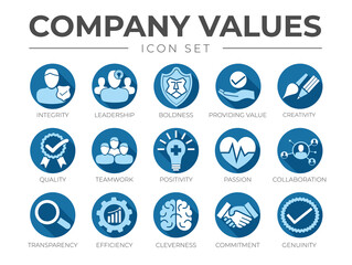 Blue Flat Business Company Values Flat Round Icon Set. Integrity, Leadership, Creativity, Quality, Teamwork, Positivity, Passion, Collaboration, Transparency, Efficiency, Cleverness, Commitment Icons.