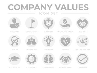 Business Company Values Round Gray Icon Set. Integrity, Leadership, Boldness, Value, Respect, Quality, Teamwork, Passion, Collaboration, Education, Efficiency, Cleverness, Commitment, Genuine Icons