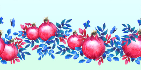 Obraz na płótnie Canvas Seamless horizontal pattern. Watercolor tropical leaves and red ripe pomegranates. Summer theme. For paper, cover, fabric, gift wrapping, wall art, indoor decor
