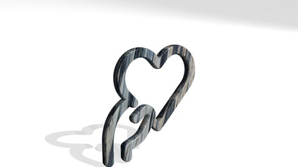 Obraz premium LOVE HEART HOLD casting shadow with two lights. 3D illustration of metallic sculpture over a white background with mild texture. design and couple