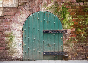 Brick wall with moss and iron wooden door