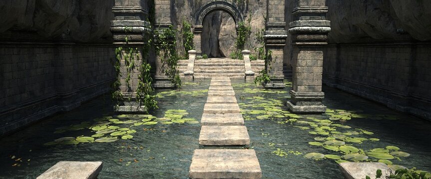 A pool with water lilies and stone steps in the old temple. Photorealistic 3D illustration. Beautiful authentic landscape.