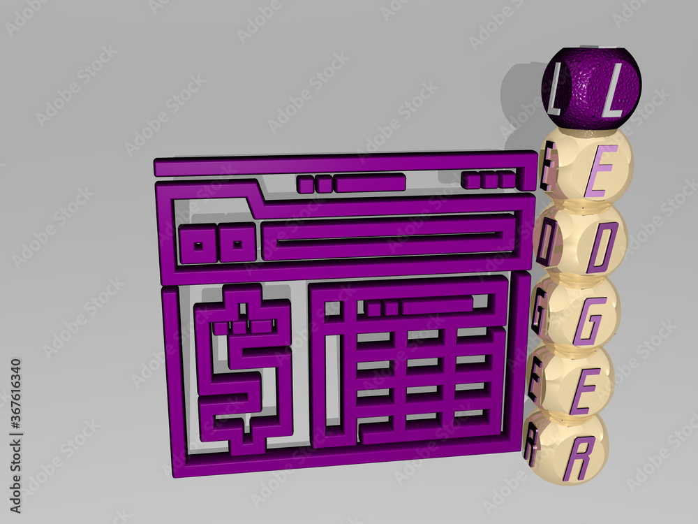 Fototapete 3D illustration of ledger graphics and text around the icon made by metallic dice letters for the related meanings of the concept and presentations. blockchain and cryptocurrency