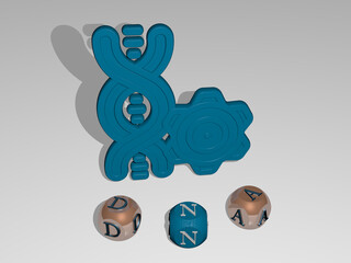 3D illustration of dna graphics and text around the icon made by metallic dice letters for the related meanings of the concept and presentations. background and biology