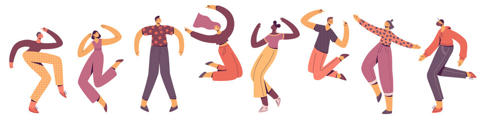 Group of young happy dancing people. Male and female dancers isolated on white background. Smiling young men and women enjoying dance party. Stock vector illustration in flat trendy style.