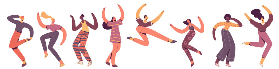 Group of young happy dancing people. Male and female dancers isolated on white background. Smiling young men and women enjoying dance party. Stock vector illustration in flat trendy style.