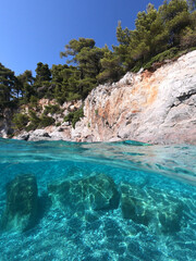 Fototapeta na wymiar Sea level and underwater photo of caves and rocky nature in famous turquoise pebble beach of Kastani where famous Mamma Mia movie was filmed, Skopelos island, Sporades, Greece