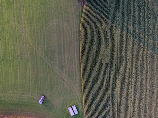 Arial view of two farm fields side by side 

