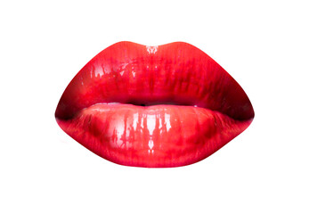Red lips on white background. Beautiful female lips.