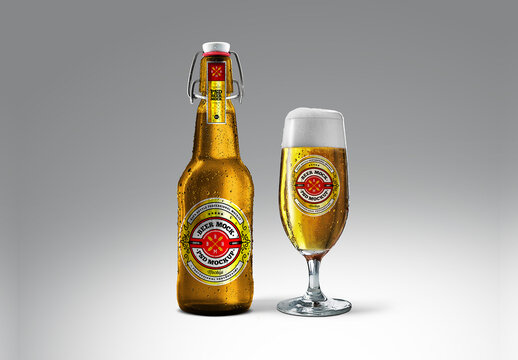 Cold Beer Golden Bottle & Glassware Goblet Mockup
