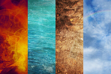 Four Elements of Nature, collage of abstract backgrounds from Fire, Water, Earth, and Air, ecology concept - 367618327