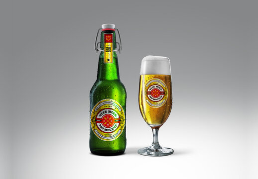 Cold Beer Green Bottle & Glassware Goblet Mockup