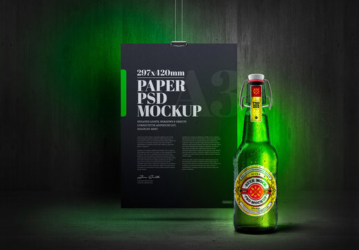 Cold Beer Green Bottle & A3 Poster Dark Scene Mockup