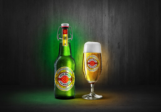 Cold Beer Green Bottle & Glassware Goblet Mockup