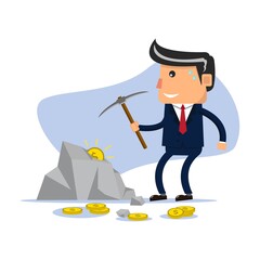 Businessman working hard mining gold coins