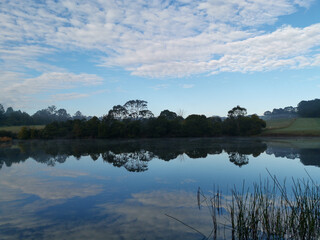 Beautiful morning view of a still pond in a park with stunning reflections of blue puffy sky and...