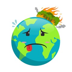 Earth cartoon with forest fire on it showing the spreading flame and smoke engulfing the forest