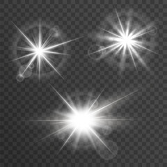 Vector set of solar effects. Isolated transparent sunlight. Star burst rays.