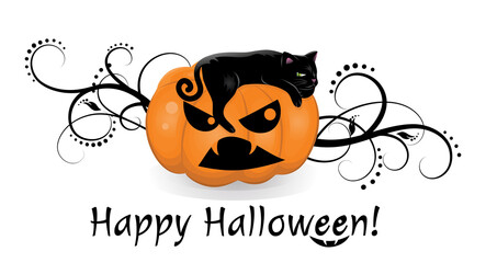 Cat is laying on a scary pumpkin which is not happy with the situation. 