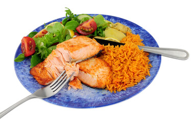 Grilled salmon fish fillets with chilli flavoured rice and salad meal isolated on a white background