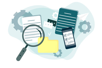 Flat image. Business documents under a magnifying glass, important information, office sheets of paper, agreements on a white background. Vector image.