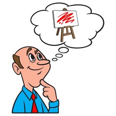 Thinking about an Art Easel - A cartoon illustration of a man thinking about an Art Easel.
