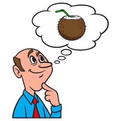 Thinking about Coconut Drink - A cartoon illustration of a man thinking about a Coconut Drink.
