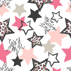 Seamless Stars pattern. Vector background with watercolor pink and black stars.