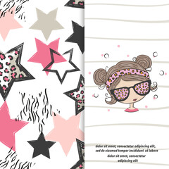 Cute cartoon girl and stars pattern. Vector set for kids textile, fabric design.