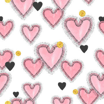 Pink watercolor hearts pattern. Valentines Day seamless background.	