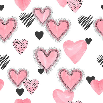 Pink watercolor hearts pattern. Valentines Day seamless background.