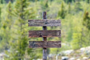 Blank wooden rustic sign for own text outdoors in the forest. Design and signage concept.