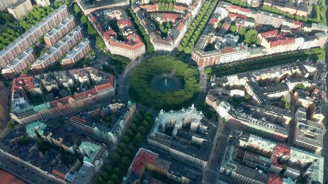 Stockholm City, aerial view of Karlaplan square & symmetrical buildings blocks