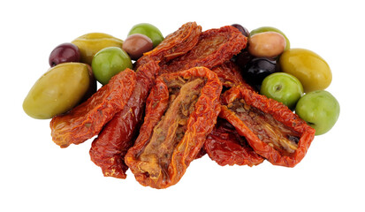 Group of sun dried tomatoes with mixed Mediterranean olives isolated on a white background
