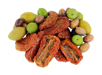 Group of sun dried tomatoes with mixed Mediterranean olives isolated on a white background