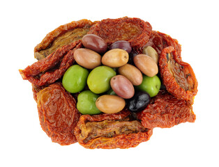 Group of sun dried tomatoes with mixed Mediterranean olives isolated on a white background