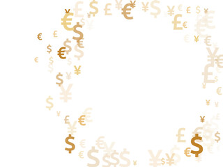 Euro dollar pound yen gold signs scatter currency vector illustration. Investment backdrop. 