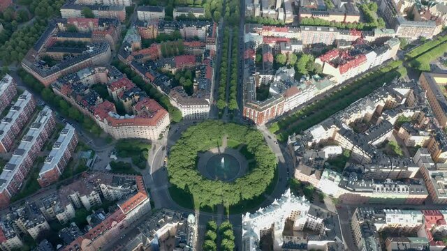 Stockholm City, aerial view of Karlaplan square & symmetrical buildings blocks in the capital city