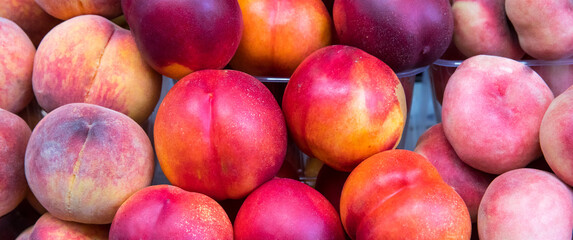 Fresh sweet ripe peaches as background. A heap of ripe Peaches (Prunus persica) close-up