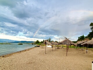 beach with umbrellas