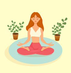 A red-haired woman practices yoga in a lotus position on a blue rug against a yellow background. Vector illustration of a woman doing asanas. The concept of yoga, meditation, sports, healthy lifestyle