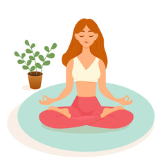 Obraz na płótnie Canvas Red-haired woman practices yoga in the lotus position on a blue mat on a white background. Vector illustration of a woman doing asanas. The concept of yoga, meditation, sports, healthy lifestyle
