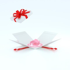 Open gift box or present box with red ribbon bow with new house, accommodation isolated on pastel blue, white background with shadow. 3d rendering