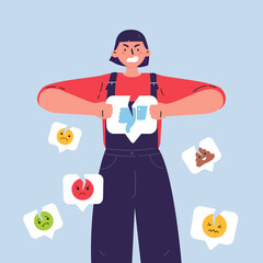 Angry woman with broken dislike icon.Girl breaks a dislike notification icon with different negative social media emoji around.Addiction to internet validation.Illustration in flat cartoon style.