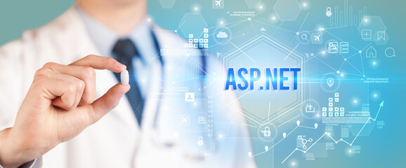 Doctor giving a pill with ASP.NET inscription, new technology solution concept