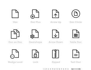 Document line icons set, outline vector symbol Editing pictogram pack. Collection includes icons as doc, file, table, lock, zipped file, text. Signs, logo illustration.