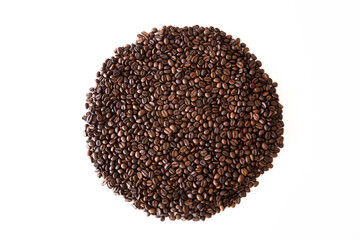 Circle of roasted coffee beans isolated on white background