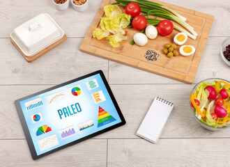 Organic food and tablet pc showing PALEO inscription, healthy nutrition composition