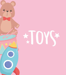 kids toys object amusing cartoon drum rocket and teddy bear