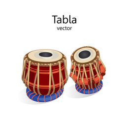 Tabla percussion oriental musical instrument. Double drum, the main percussion instrument of Indian classical music. Vector illustration of a drum on a white background, the text can be replaced. - obrazy, fototapety, plakaty